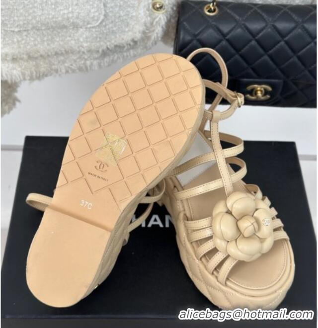 Purchase Chanel Lambskin Leather Camellia Bloom Platform Sandals Beige 108024