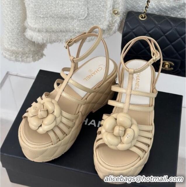 Purchase Chanel Lambskin Leather Camellia Bloom Platform Sandals Beige 108024