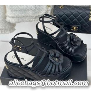 Top Design Chanel Lambskin Leather Camellia Bloom Platform Sandals Black 108027