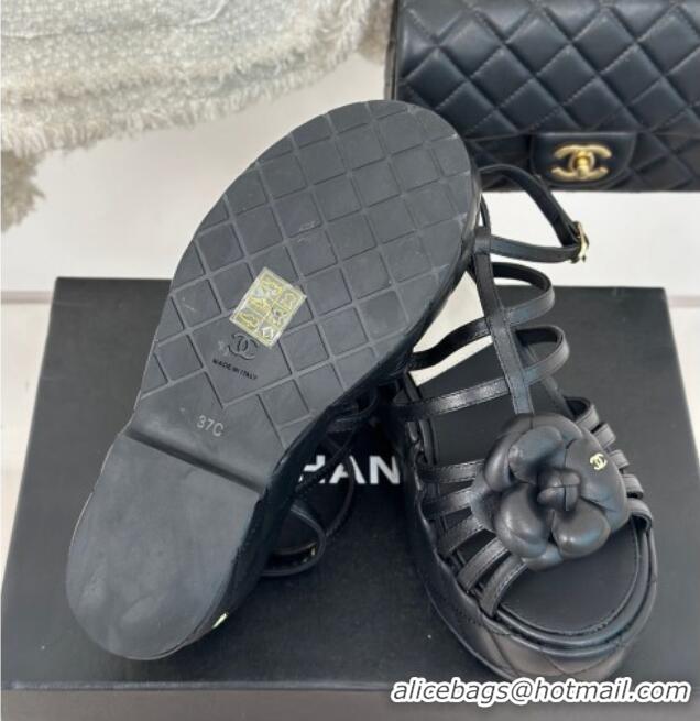 Top Design Chanel Lambskin Leather Camellia Bloom Platform Sandals Black 108027