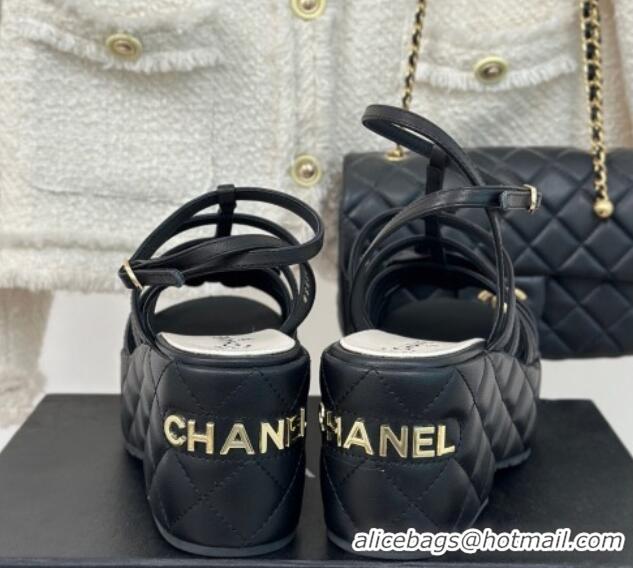 Top Design Chanel Lambskin Leather Camellia Bloom Platform Sandals Black 108027