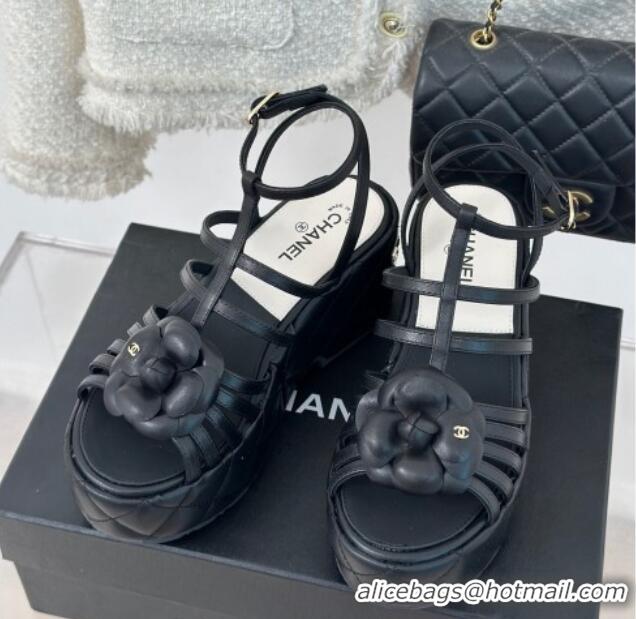 Top Design Chanel Lambskin Leather Camellia Bloom Platform Sandals Black 108027