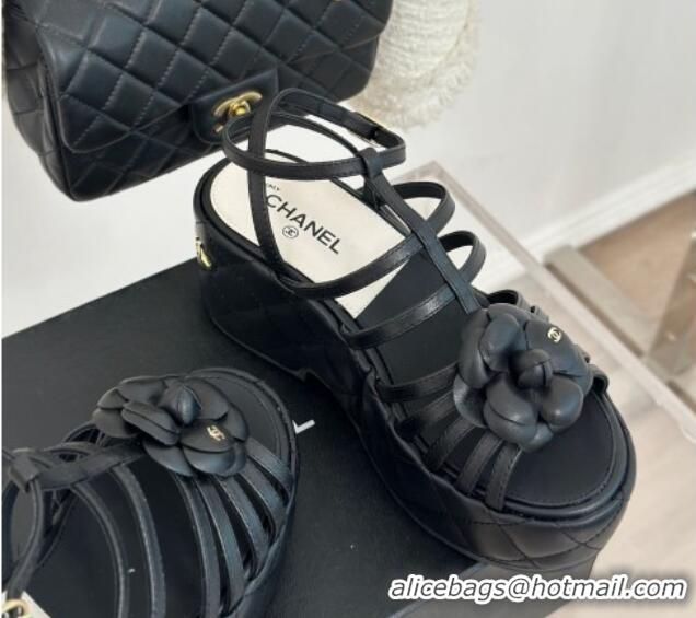 Top Design Chanel Lambskin Leather Camellia Bloom Platform Sandals Black 108027