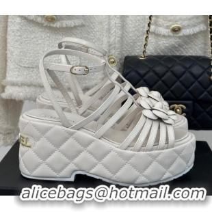 Good Quality Chanel Lambskin Leather Camellia Bloom Platform Sandals White 108028