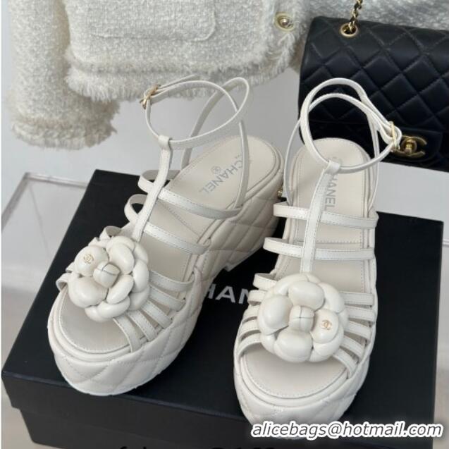 Good Quality Chanel Lambskin Leather Camellia Bloom Platform Sandals White 108028