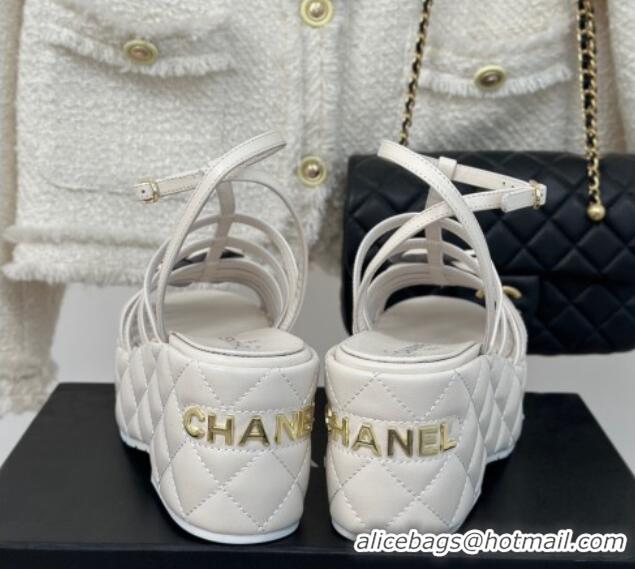 Good Quality Chanel Lambskin Leather Camellia Bloom Platform Sandals White 108028