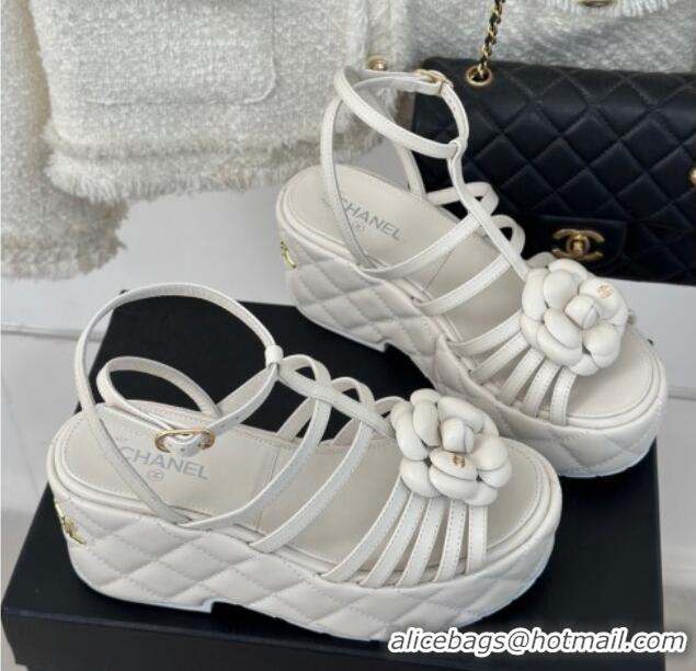 Good Quality Chanel Lambskin Leather Camellia Bloom Platform Sandals White 108028