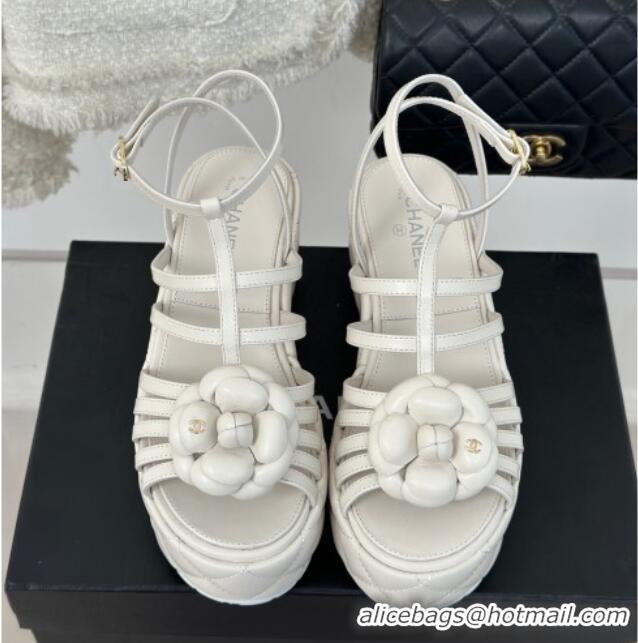 Good Quality Chanel Lambskin Leather Camellia Bloom Platform Sandals White 108028