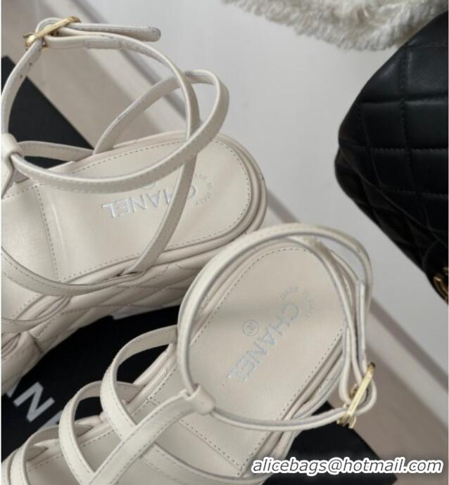 Good Quality Chanel Lambskin Leather Camellia Bloom Platform Sandals White 108028