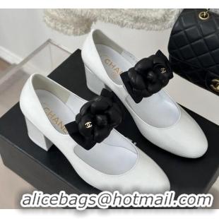 Good Quality Chanel Lambskin Mary Janes Pumps 5cm with Camellia Bow White 108029