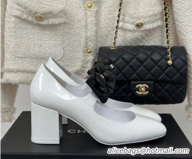 Good Quality Chanel Lambskin Mary Janes Pumps 5cm with Camellia Bow White 108029