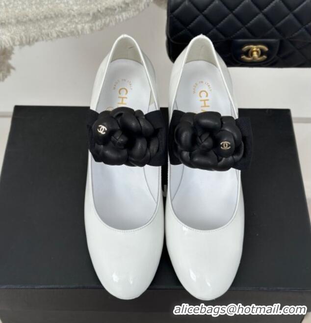 Good Quality Chanel Lambskin Mary Janes Pumps 5cm with Camellia Bow White 108029