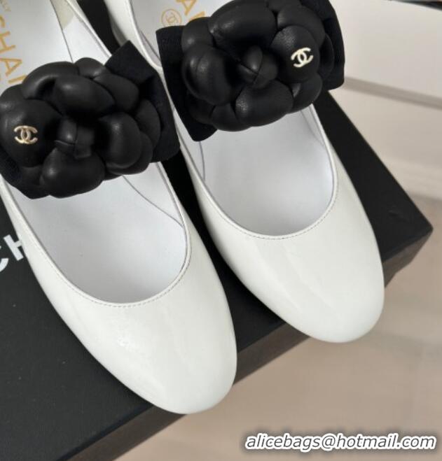 Good Quality Chanel Lambskin Mary Janes Pumps 5cm with Camellia Bow White 108029