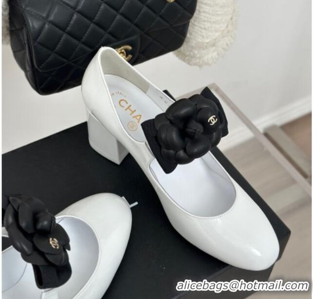 Good Quality Chanel Lambskin Mary Janes Pumps 5cm with Camellia Bow White 108029