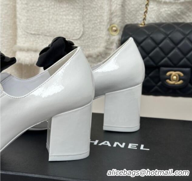 Good Quality Chanel Lambskin Mary Janes Pumps 5cm with Camellia Bow White 108029