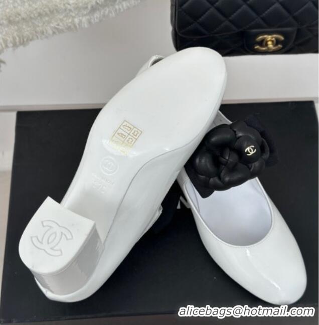 Good Quality Chanel Lambskin Mary Janes Pumps 5cm with Camellia Bow White 108029