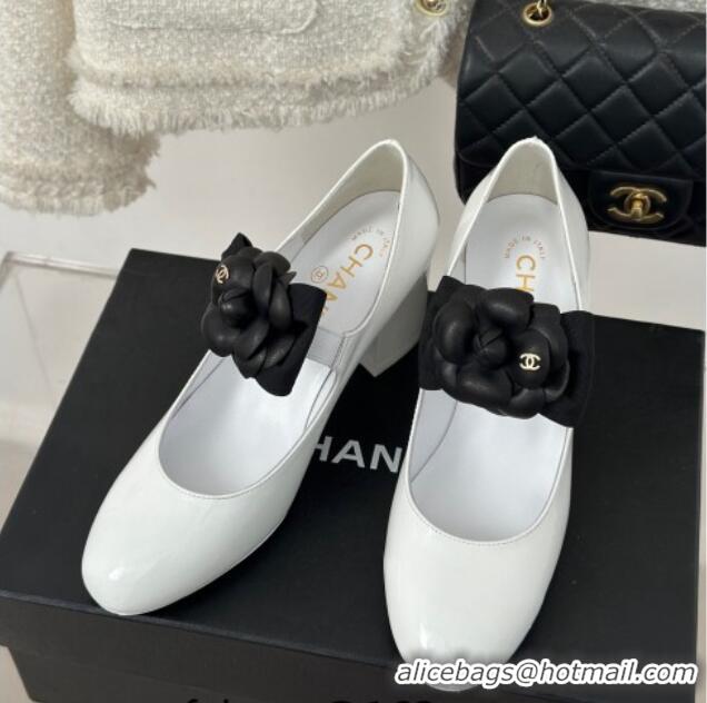 Good Quality Chanel Lambskin Mary Janes Pumps 5cm with Camellia Bow White 108029