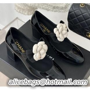 Popular Style Chanel Patent Calfskin Mary Janes Pumps 5cm with Camellia Bow Black 108030