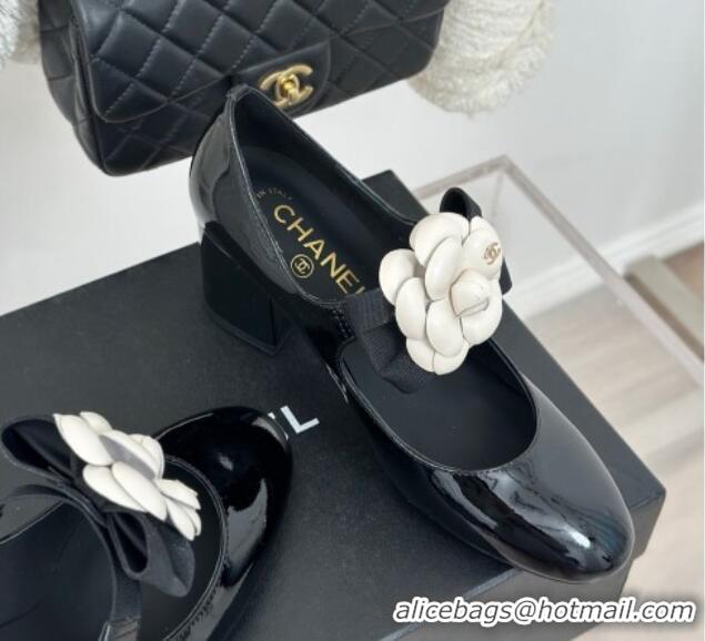 Popular Style Chanel Patent Calfskin Mary Janes Pumps 5cm with Camellia Bow Black 108030