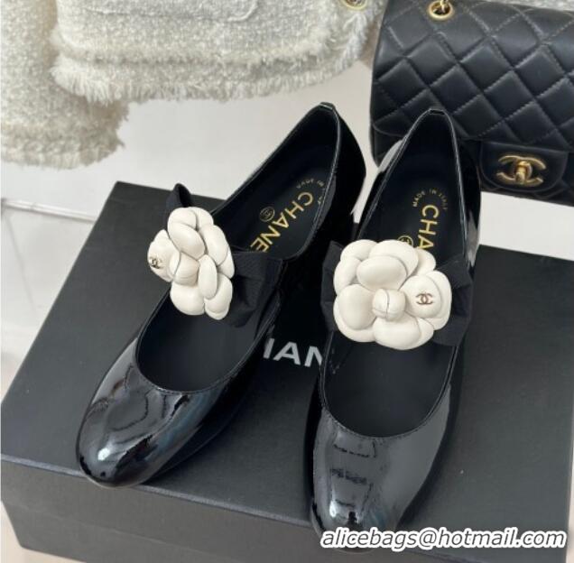 Popular Style Chanel Patent Calfskin Mary Janes Pumps 5cm with Camellia Bow Black 108030