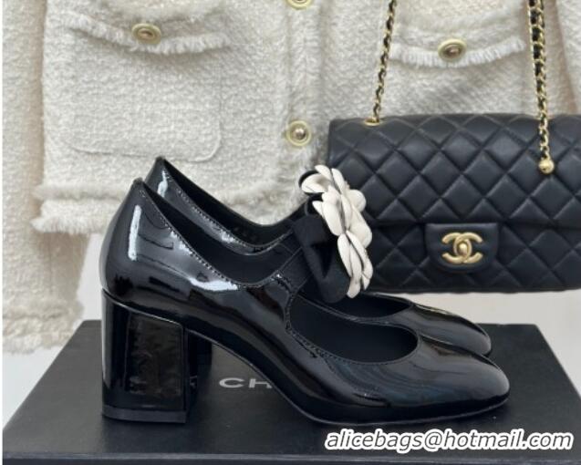 Popular Style Chanel Patent Calfskin Mary Janes Pumps 5cm with Camellia Bow Black 108030