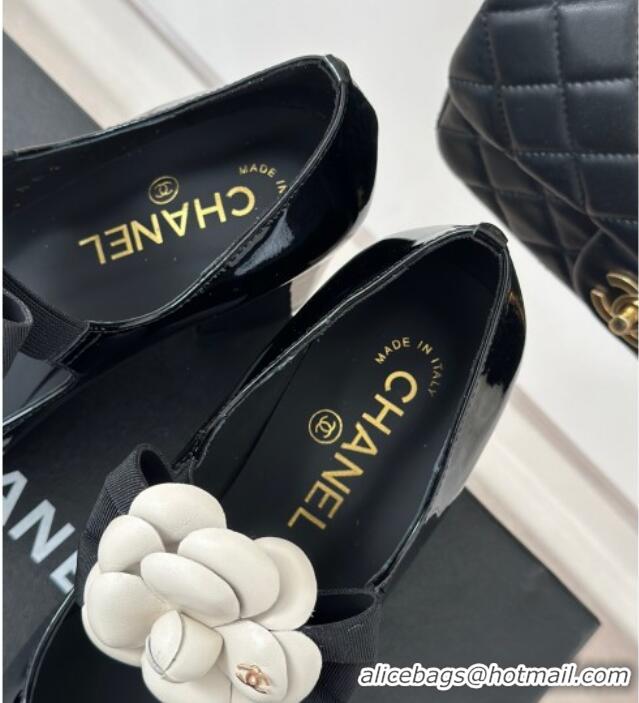 Popular Style Chanel Patent Calfskin Mary Janes Pumps 5cm with Camellia Bow Black 108030