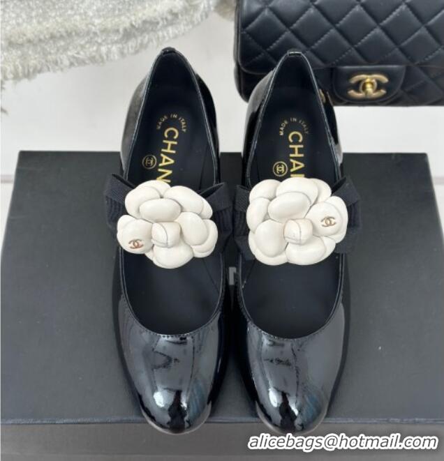 Popular Style Chanel Patent Calfskin Mary Janes Pumps 5cm with Camellia Bow Black 108030