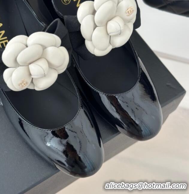 Popular Style Chanel Patent Calfskin Mary Janes Pumps 5cm with Camellia Bow Black 108030