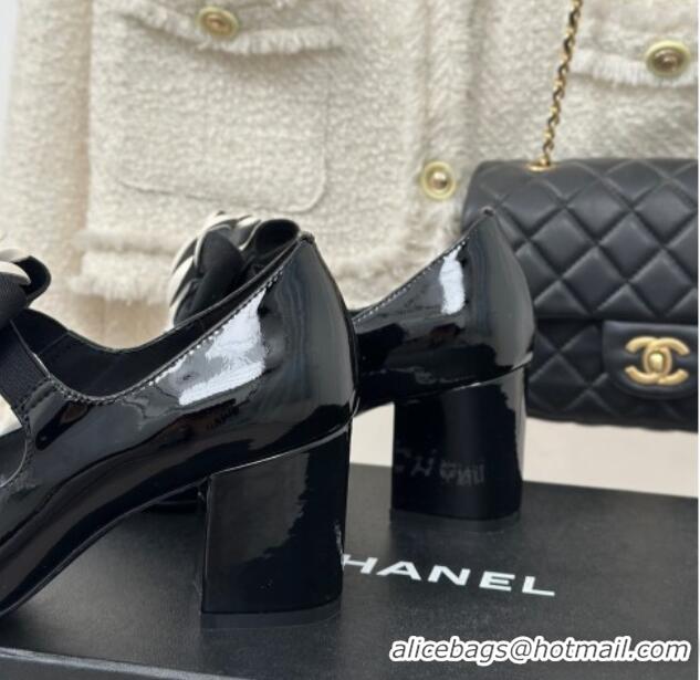 Popular Style Chanel Patent Calfskin Mary Janes Pumps 5cm with Camellia Bow Black 108030