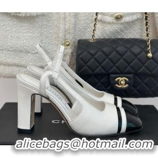 Buy Discount Chanel Calfskin Leather Slingback Pumps White/Black 0108031