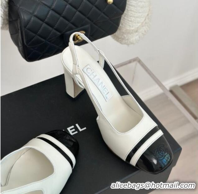 Buy Discount Chanel Calfskin Leather Slingback Pumps White/Black 0108031