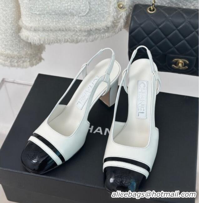 Buy Discount Chanel Calfskin Leather Slingback Pumps White/Black 0108031