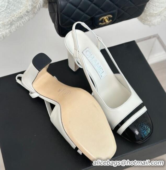 Buy Discount Chanel Calfskin Leather Slingback Pumps White/Black 0108031