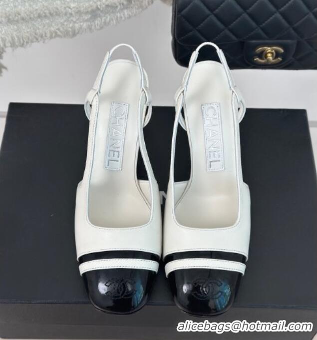 Buy Discount Chanel Calfskin Leather Slingback Pumps White/Black 0108031