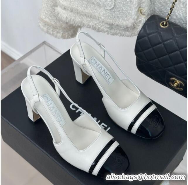 Buy Discount Chanel Calfskin Leather Slingback Pumps White/Black 0108031