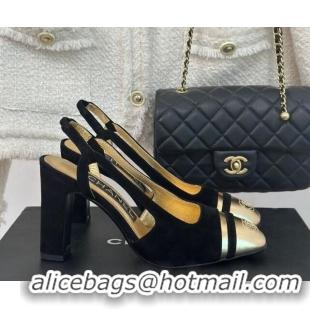 Grade Quality Chanel Suede & Metallic Calfskin Slingback Pumps Black/Gold 108032