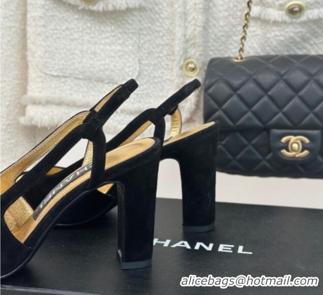 Grade Quality Chanel Suede & Metallic Calfskin Slingback Pumps Black/Gold 108032