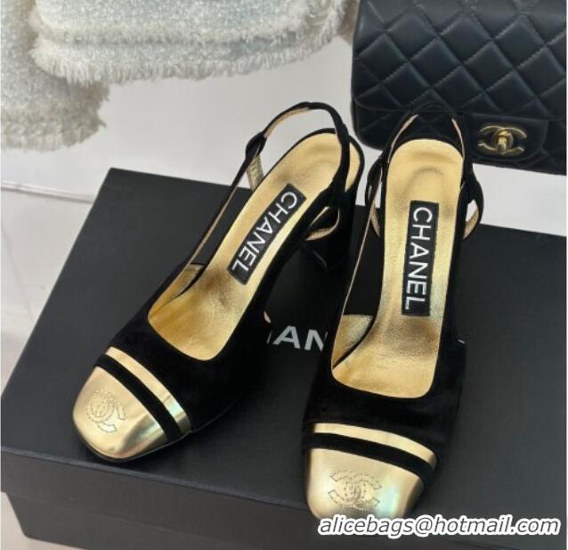 Grade Quality Chanel Suede & Metallic Calfskin Slingback Pumps Black/Gold 108032