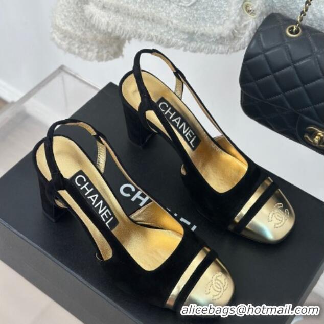 Grade Quality Chanel Suede & Metallic Calfskin Slingback Pumps Black/Gold 108032