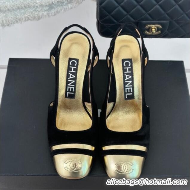 Grade Quality Chanel Suede & Metallic Calfskin Slingback Pumps Black/Gold 108032