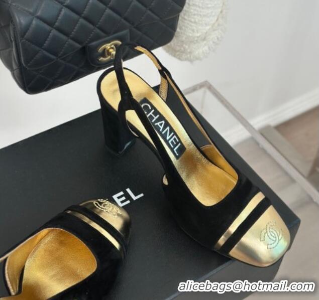 Grade Quality Chanel Suede & Metallic Calfskin Slingback Pumps Black/Gold 108032