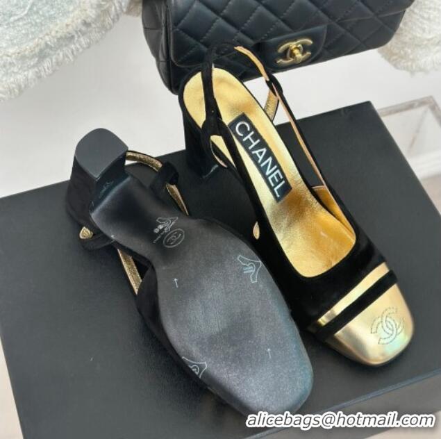 Grade Quality Chanel Suede & Metallic Calfskin Slingback Pumps Black/Gold 108032