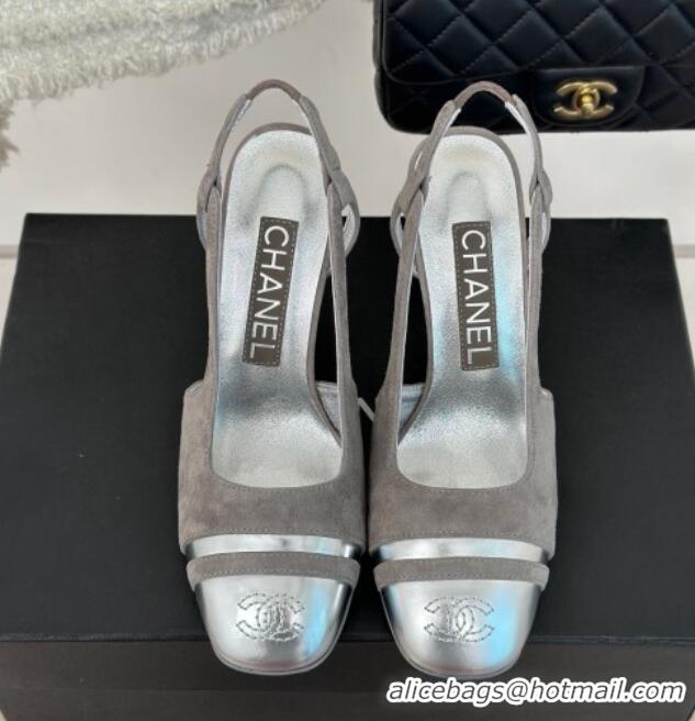 Lowest Price Chanel Suede & Metallic Calfskin Slingback Pumps Grey/Silver 108035