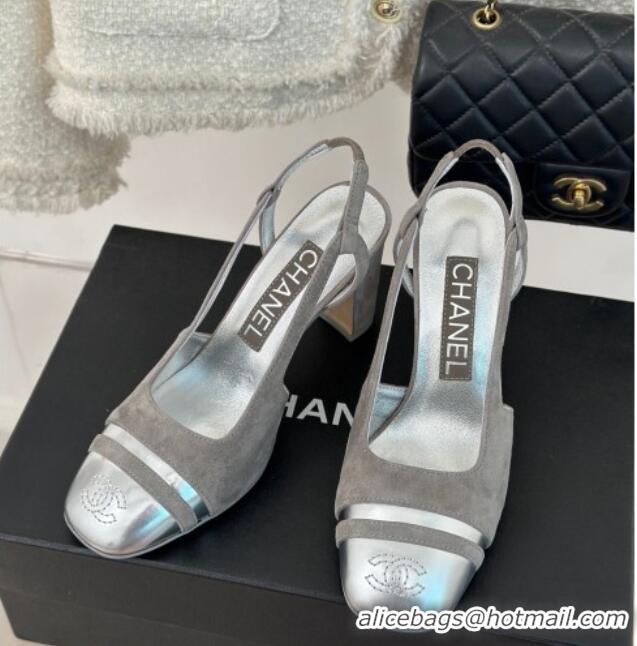 Lowest Price Chanel Suede & Metallic Calfskin Slingback Pumps Grey/Silver 108035