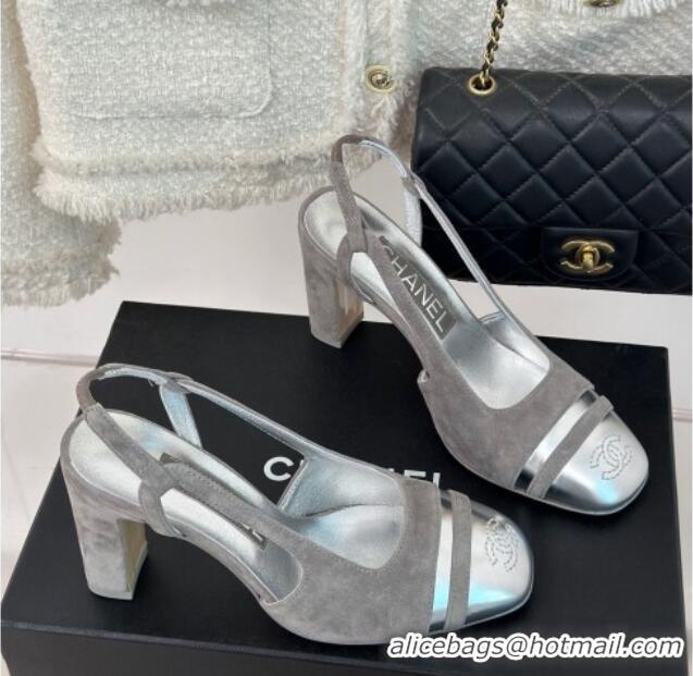 Lowest Price Chanel Suede & Metallic Calfskin Slingback Pumps Grey/Silver 108035