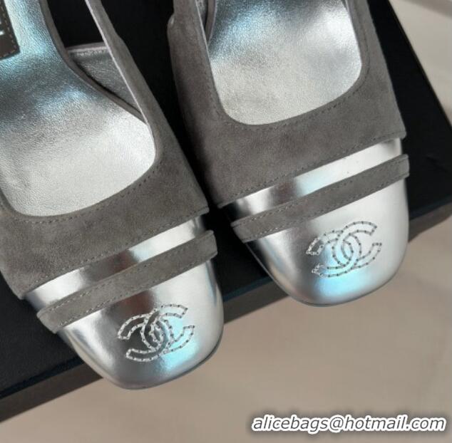 Lowest Price Chanel Suede & Metallic Calfskin Slingback Pumps Grey/Silver 108035