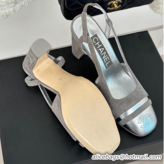 Lowest Price Chanel Suede & Metallic Calfskin Slingback Pumps Grey/Silver 108035