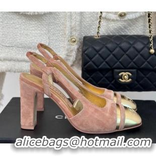 Good Product Chanel Suede & Metallic Calfskin Slingback Pumps Pink/Gold 108036