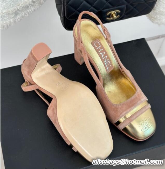 Good Product Chanel Suede & Metallic Calfskin Slingback Pumps Pink/Gold 108036