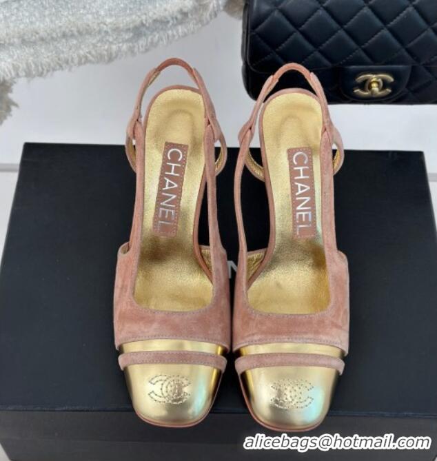 Good Product Chanel Suede & Metallic Calfskin Slingback Pumps Pink/Gold 108036